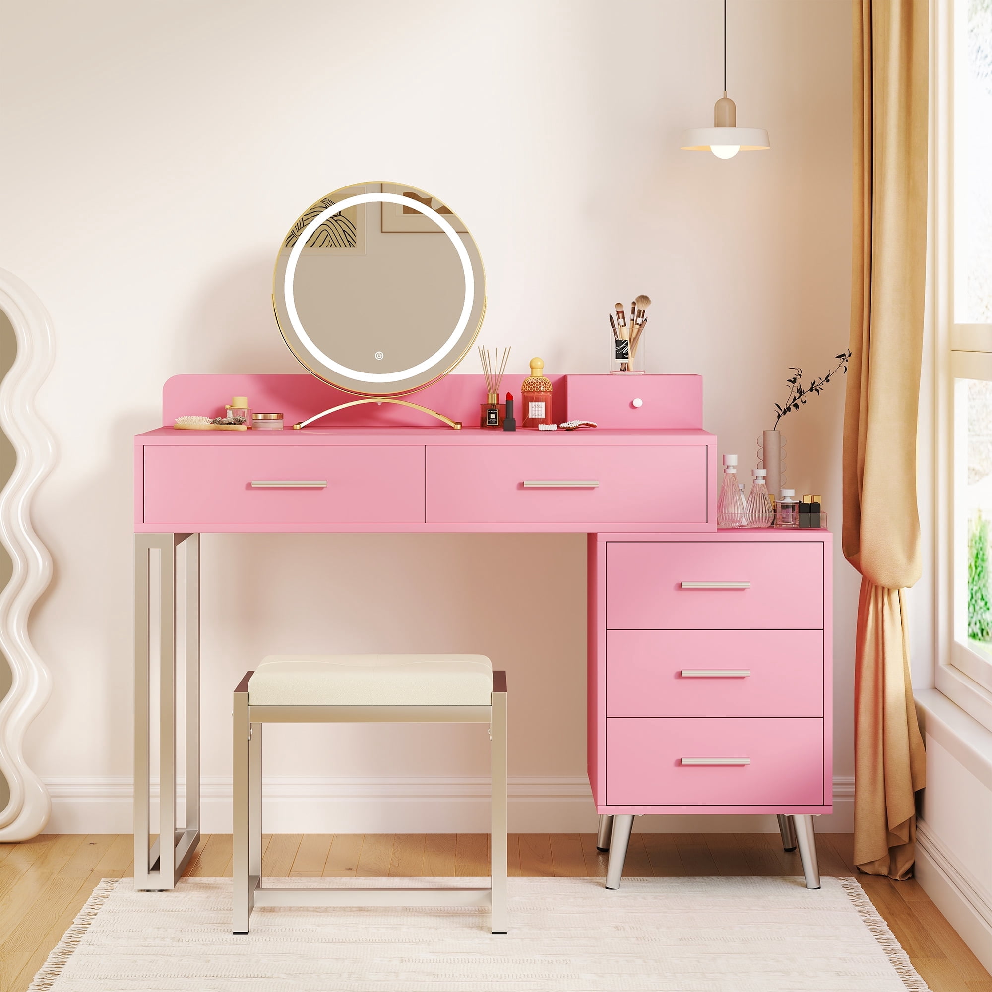 Homieasy Vanity Desk with Mirror and Lights, Modern Makeup Vanity Table Set with 6 Storage Drawers and Cushioned Stool for Bedroom, Dressing Table with Divided Organizers for Women, Pink