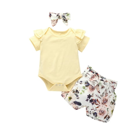 

DNDKILG Infant Baby Toddler Girls Bow Bodysuit and Floral Shorts Set Summer Clothes Set Ruffle Outfits Short Sleeve with Headband Yellow 3M-18M 100