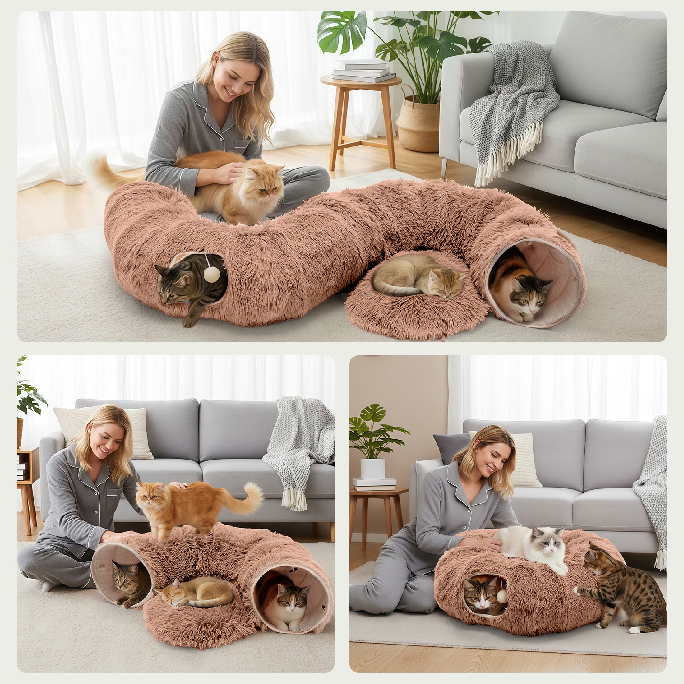 edx Cat Tunnel Bed for Indoor Cats, Soft Plush Peekaboo Hideaway Cave with Circle Cushion, Washable Multifunctional Playground Cat Donut Tunnel for Kittens, Rabbit, Ferret, Brown