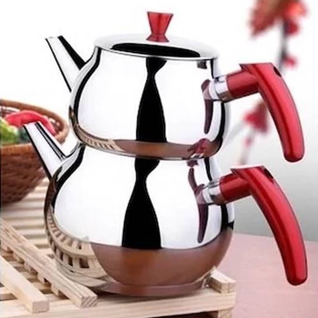 Turkish Stainless Steel Tea Pot Set, Samovar Style SelfStrainer Double