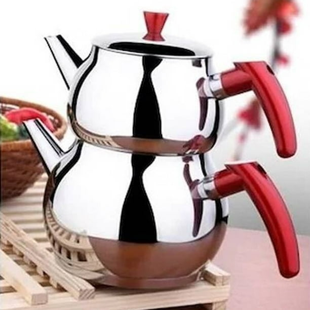 Turkish Stainless Steel Tea Pot Set, Samovar Style SelfStrainer Double