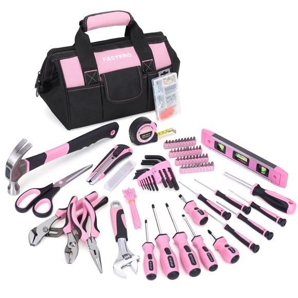 Juego de herramientas FASTPRO rosa de 220 piezas con bolsa de herramientas para reparaciones en el hogar