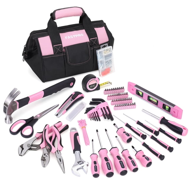Juego de herramientas FASTPRO rosa de 220 piezas con bolsa de herramientas para reparaciones en el hogar