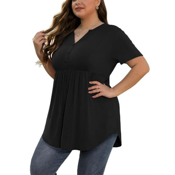 PINKSIR Plus Size Short Sleeve Henley Shirt for Women Flowy Tunic Tops Loose Fit Pleated Swing Blouse Black 1X-5X