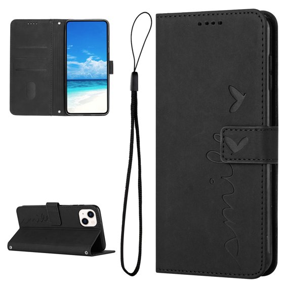 Feishell for iPhone 13 6.1 inch Wallet Case,for Women Men,Love Heart Pattern Embossed Plain PU Leather Magnetic Clasp Credit Card Slots Folio Flip Kickstand Phone Cover,Black
