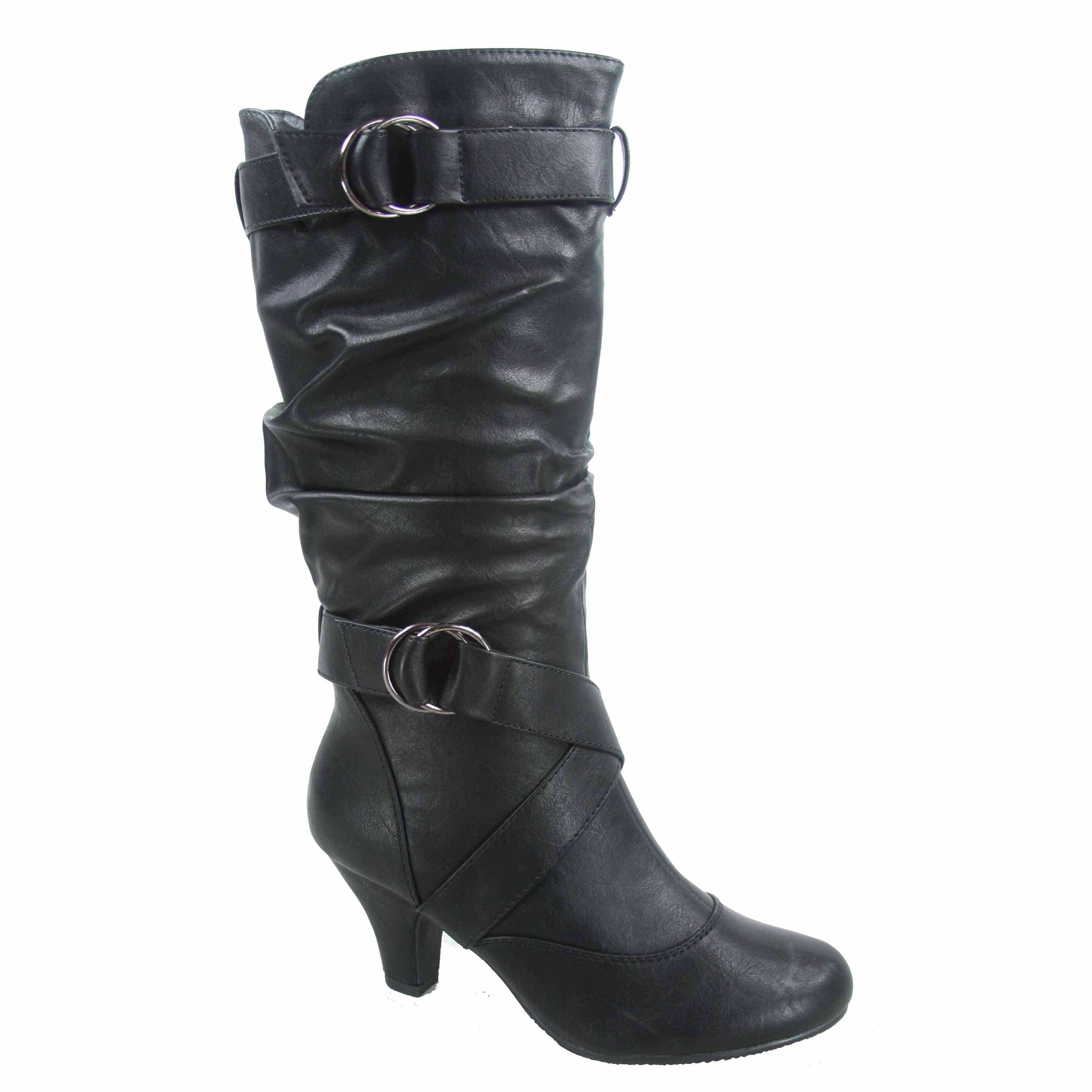 Chic stylish women's round toe buckle mid calf boots platform wedge heels shoe 