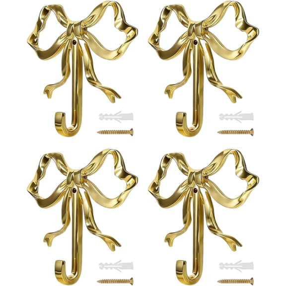 4pcs Gold Bow Hooks, Bow Hanger Gold Hooks Bows Shaped Coat Hook Wall Mounted Metal Bows Wall Hook Decorative Coat Holder Vintage Bowknot Door Hanger for Hat Bag Towel Hanging(RL)