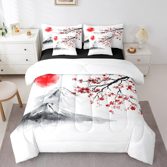 Erosebridal Cherry Blossom Bedding Sets Twin Size,Mount Fuji Comforter Sets with Sheets,Japanese Style Bed in a Bag Twin size,Lightweight Floral Bedroom Decoration,Reversible,7pcs