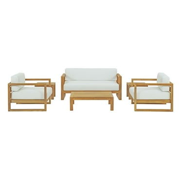 Lounge Sectional Sofa Chair Table Set, White Natural, Teak Wood, Fabric, Modern Contemporary, Outdoor Patio Balcony Cafe Bistro Garden Furniture Hotel Hospitality