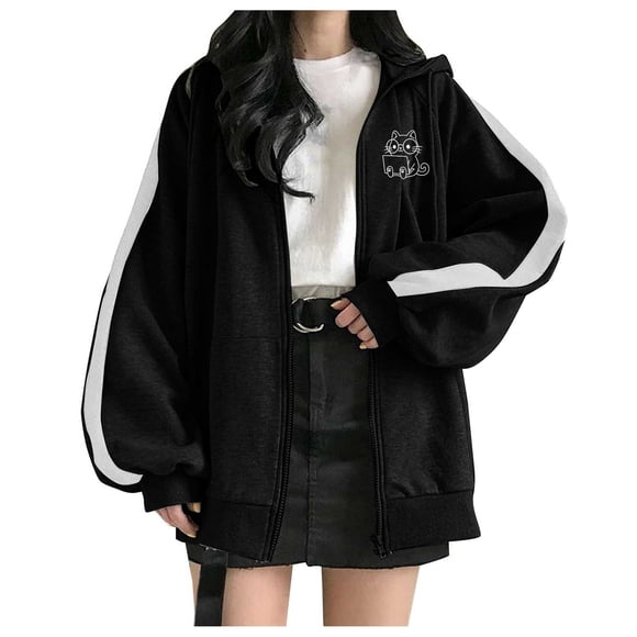 Rbaofujie Tunic Hoodies for Women Women Casual Long Sleeve Pocket Loose Printed Zipper Medium And Long Tops Hooded Sweatshirts Women Blouse Black Hoodies for Teens