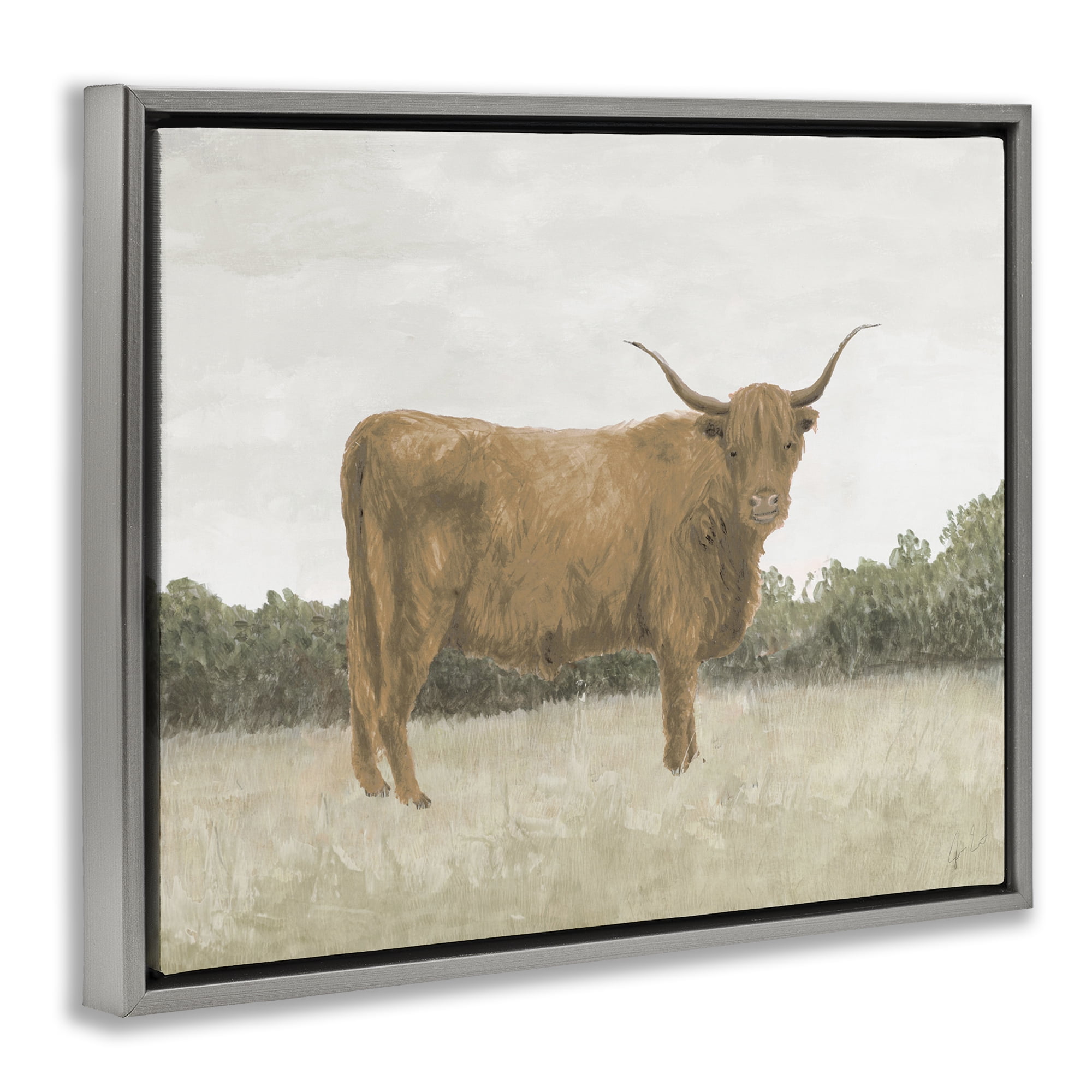 Stupell Industries Brown Cattle Gazing Animals & Insects Painting Gray Floater Framed Canvas Art Print Wall Art, 31 x 25