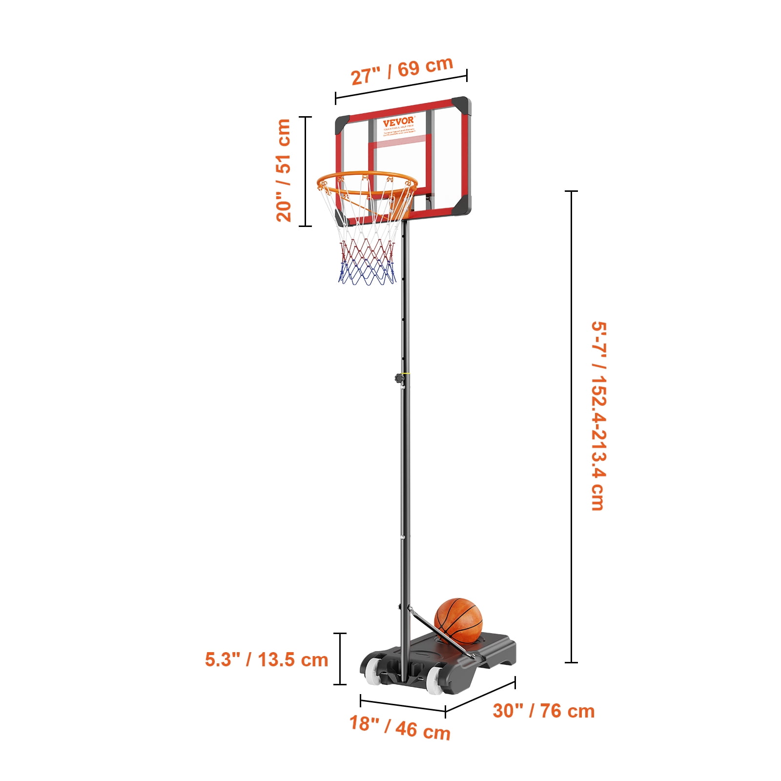 VEVOR Basketball Hoop, 5-7 ft Adjustable Height Portable Backboard System, 28 inch Basketball Hoop & Goal, Kids & Adults Basketball Set with Wheels, Stand, and Fillable Base