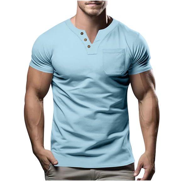 V Neck T Shirts for Men with Pocket and Button Short Sleeve Tshirts Shirt Mens Casual Solid Color Pullover Slim Basic Going-Out Loungewear Tees Tops