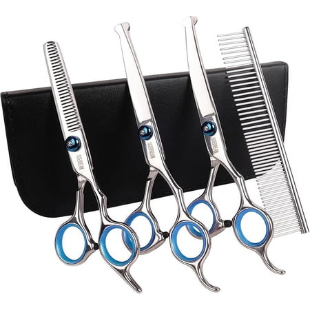 Professional Dog Grooming Scissors with Safety Round Tips, 5 in 1 Dog Grooming Scissors Kit, 4CR Stainless Steel Professional Pet Grooming Shears for Dog, Sharp and Durable, Blue