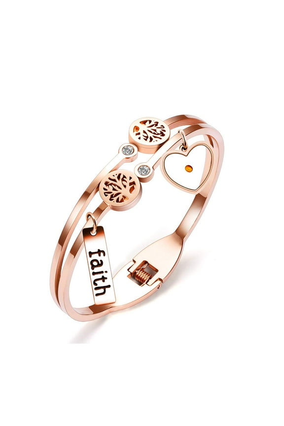 Rose Gold Plated Tree Of Life Bangle Cuffs Faith Mustard Seed Charms Stainless Open Bracelet for Women Y1028