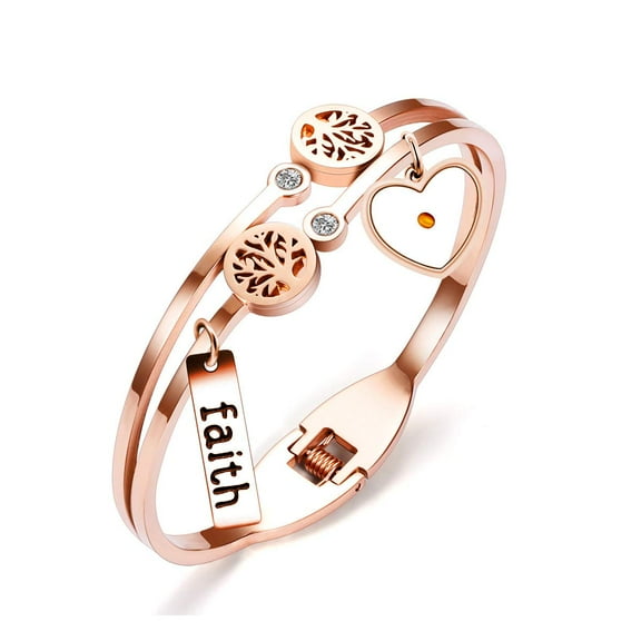 Rose Gold Plated Tree Of Life Bangle Cuffs Faith Mustard Seed Charms Stainless Open Bracelet for Women Y1028
