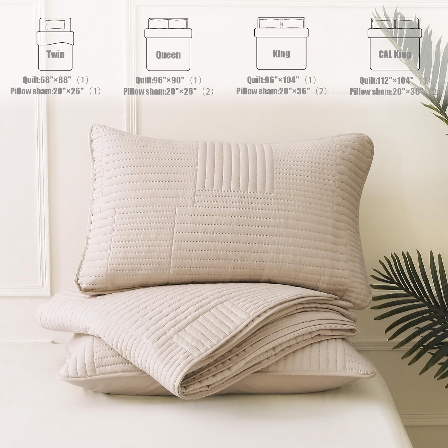 Whale Flotilla Queen Quilt Set, Soft and Lightweight Bedspreads Coverlet with Striped Pattern, Reversible Bedding Sets with Pillow Shams, 90x96 Inches, Brich Beige