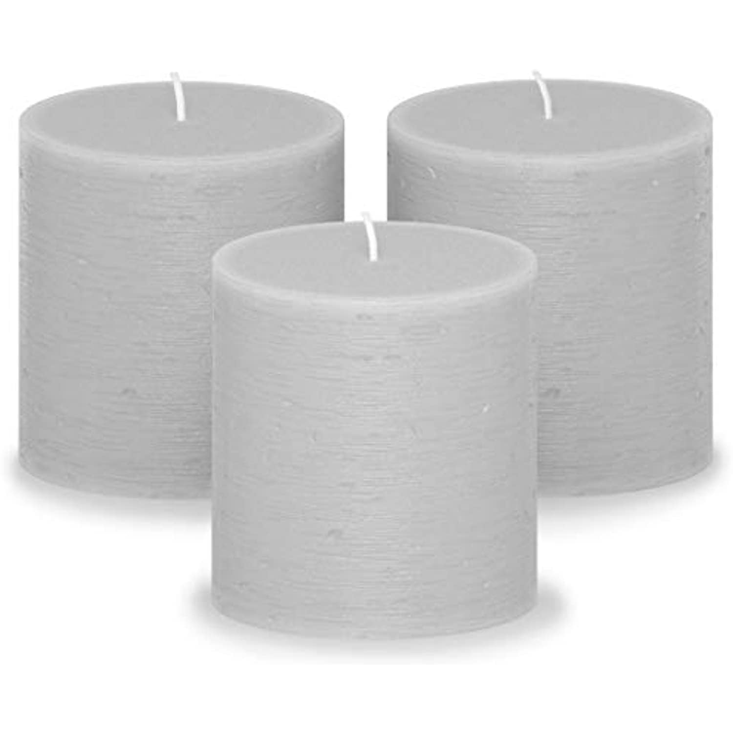 Set of 3 Grey Pillar Candles 3" x 3" Gray Unscented Rustic for Weddings Home 