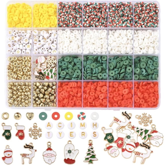 1 Box 2800Pcs  Christmas Clay Beads Bracelet Making Kit Heishi Beads Holiday Red Green Plastic Letter Word Gold Round Friendship Polymer Spacers Set for Jewelry Making Necklace DIY Crafts Gray