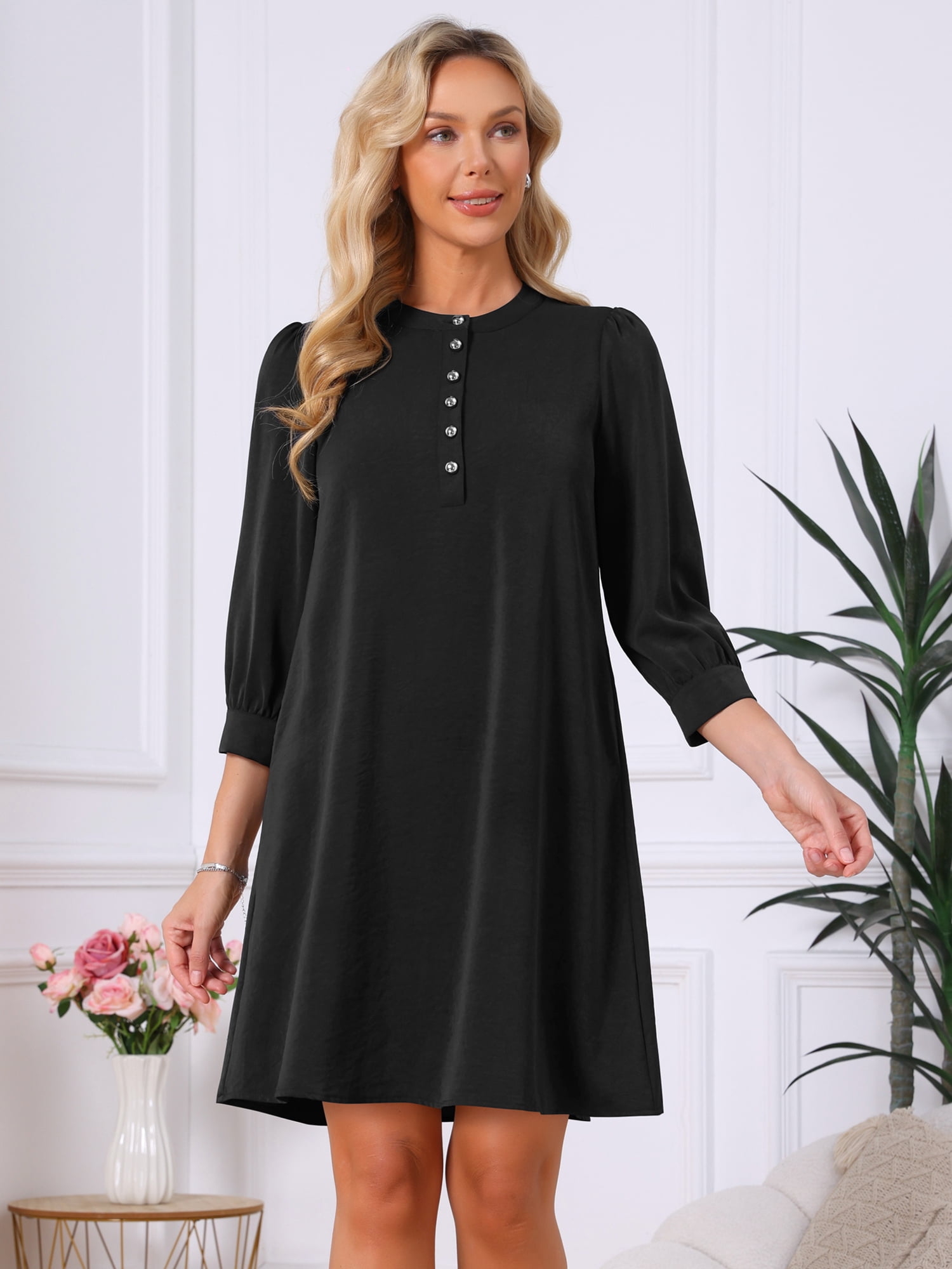 DARING DIVA Women's 3/4 Puff Sleeve Mini Button Crewneck Shift Dress M Black