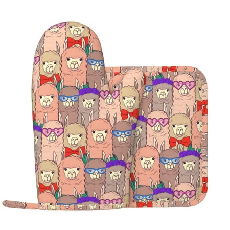 

Oven Mitts and Pot Holders Sets Cute Lamas Non-Slip Silicone Oven Gloves Potholders Cotton Lining Heat Resistant Gloves Hot Pads for Kitchen Cooking Baking