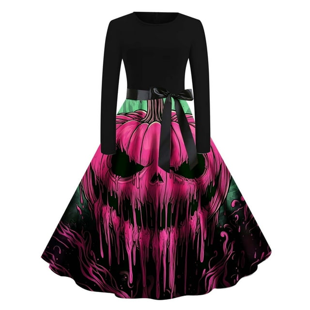 Robe Swing Grande Taille pour Femmes Robe Gothique Renaissance Steampunk Manches Longues Robe Cocktail Vintage Imprimé Squelette Citrouille Cosplay Costume de Fête