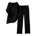 thumbnail image 4 of Women's Linen Cotton Set, Short Sleeve V Neck Top with Elastic Waist Pants, Casual Two Piece Outfit, Relaxed Matching Set, Loungewear, Vacation and Daily Wear-Black, 4 of 7