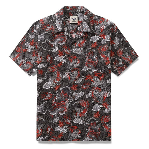 YIUME Men's Hawaiian Shirt The Dragon's Flight Print Cotton Camp Collar Short Sleeve Aloha Shirt