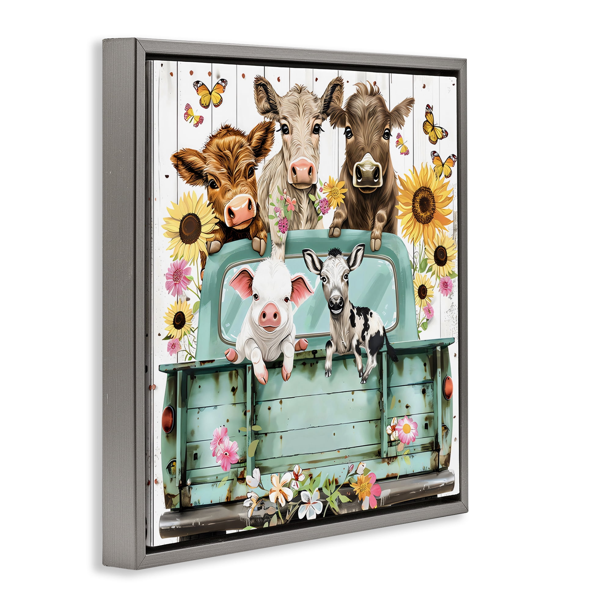 Stupell Industries Barnyard Friends in Vintage Truck Gray Framed Floater Canvas Wall Art, design by Creative Studio