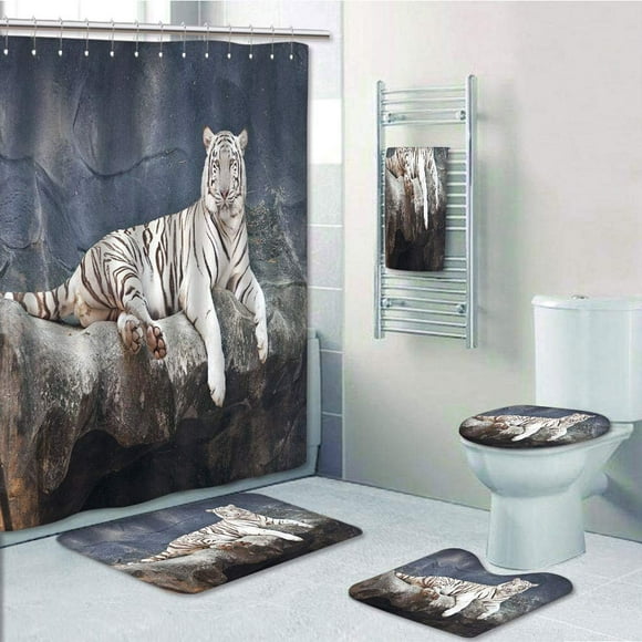 EREHome Tiger Albino Cat Sitting on Rock Sublime Nature Marvelous Animals Endangered Species Slate 5 Piece Bathroom Set Shower Curtain Bath Towel Bath Rug Contour Mat and Toilet Lid Cover