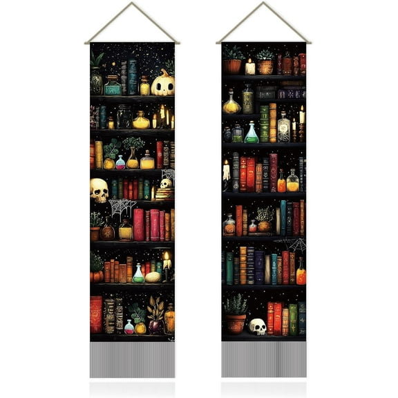 Magic Bookshelf Tapestry Bookshelf Wall Blanket Pack of 2 Tapestries Books Long Tapestry Walls Hanging with Tassel