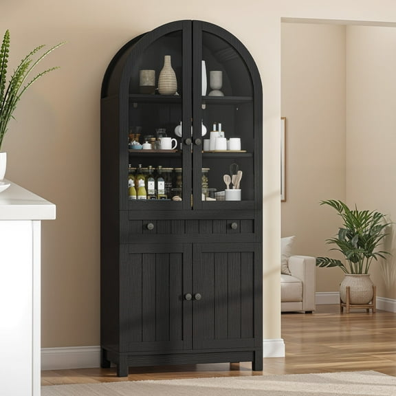 DEXTRUS 71" Tall Kitchen Pantry with Door & Drawer, Arched Kitchen Pantry Storage Cabinet, Black