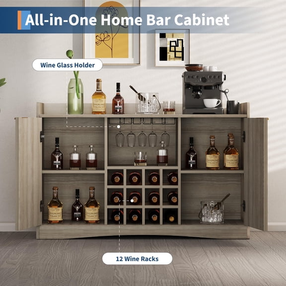 PYY 47'' Fluted Wine Bar Cabinet with 9 Glass Holder and 12 Wine Racks - Liquor & Coffee Bar Cabinet with Storage for Home - Large Sideboard with 2 Doors for Living Room, Dining Room, Home Office