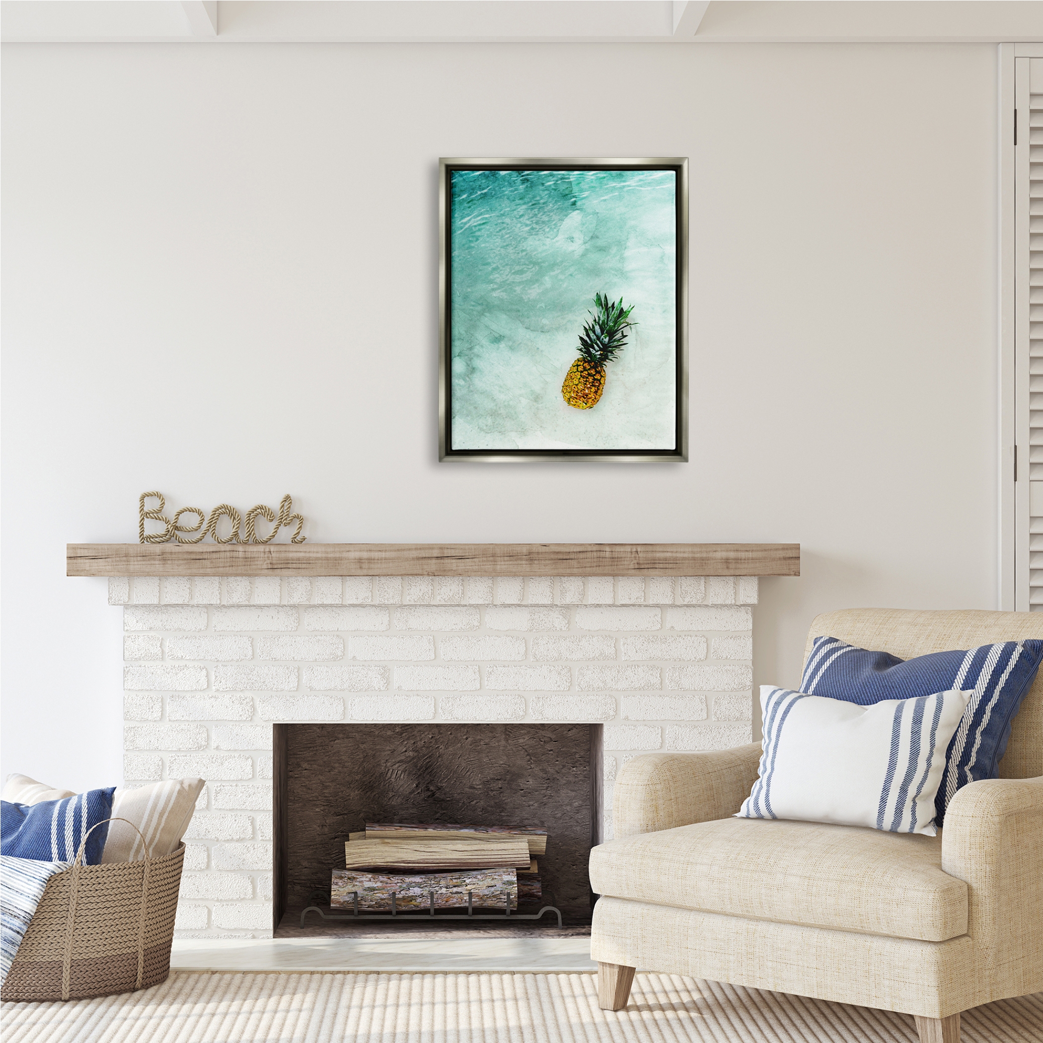 Stupell Industries Pineapple on Beach Ripples Nature Photography Gray Floater Framed Art Print Wall Art, 25 x 31
