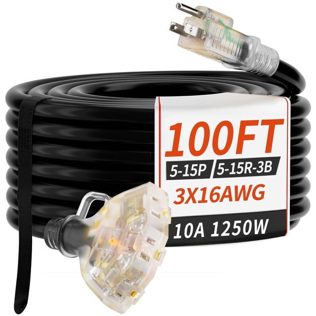 PlugSaf Rallonge Extérieure de 100 Pi, Calibre 16/3, avec Multiples Prises, Indicateur Lumineux, Rallonge Flexible à 3 Prises, Étanche, Blac