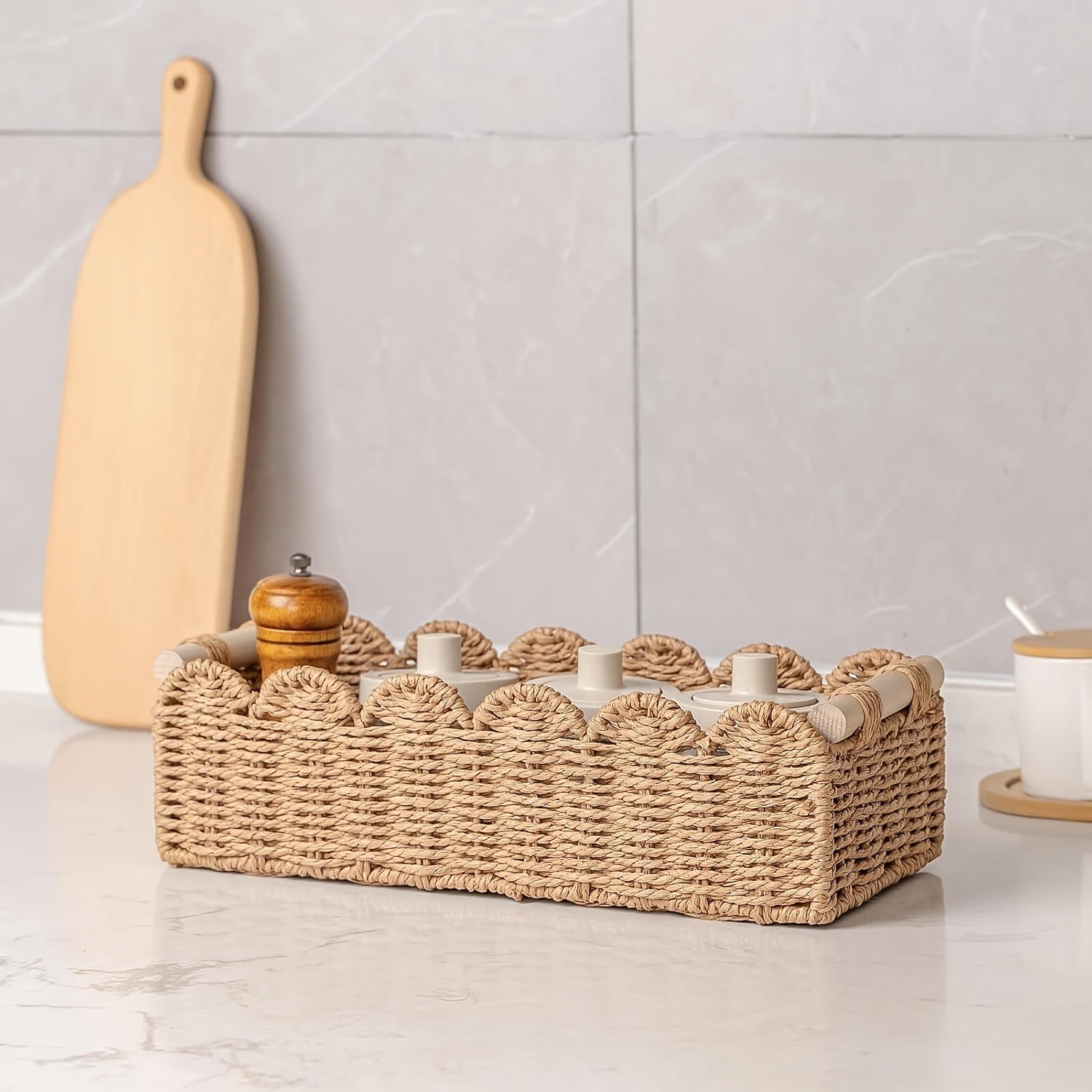 HuaArt 2 Pcs Paper Rope Scalloped Edge Decor Baskets, Toilet Basket for Over Toilet Storage Shelf, End Table, Neutral