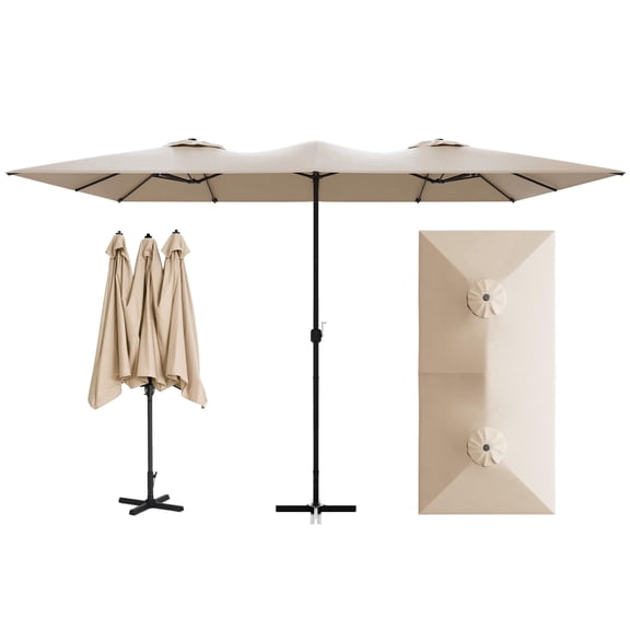 Gotland 14FT Outdoor Patio Umbrella with Base, UV Protection & Waterproof Double-Sided Rectangle Umbrella with Crank Handle & 12 Sturdy Ribs, Table Umbrella for Garden, Deck, Pool - Sand