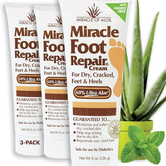 Miracle Foot Repair Cream, 8 oz Repairs Dry Cracked Heels and Feet, Diabetic-Safe, 60% Pure Ultra Aloe Moisturizes, Softens, and Repairs, Relief from Discomfort of Ingrown Toenails (3-Pack)
