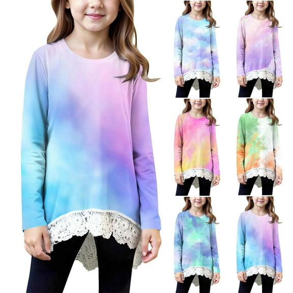 jobturf Girls Shirts Spring Fashion Lace Trim Swing Tunic Tops Casual Loose Pullover Beach Vacation Long Blouse Blouses Size 4-15 Years