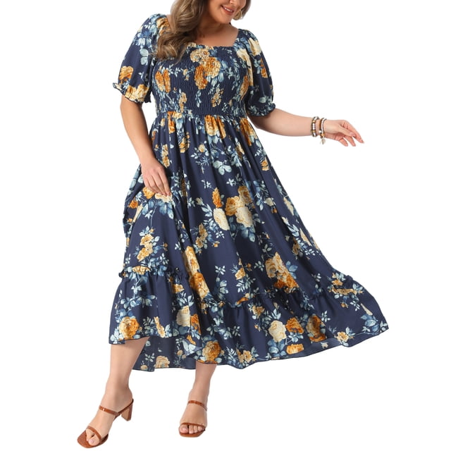 GRACE & GRANDEUR Vestidos Maxi Boho Florales con Cuello Cuadrado y Mangas Cortas para Mujeres Talla Grande 1X Azul Marino