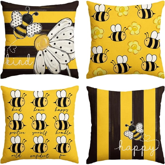 Happy Bee Kind Stripes Summer Throw Pillow Covers, 18 x 18 Inch Polka Dot Daisy Yellow Cushion Case Decoration for Sofa Couch Set of 4