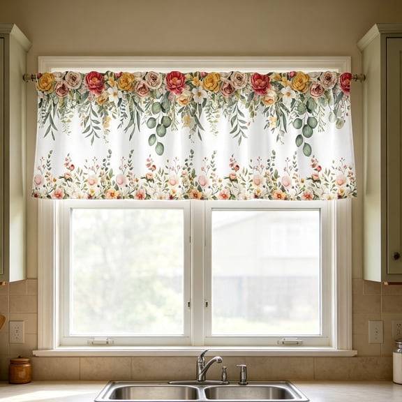 2D Printed Kitchen Curtains, 24" Short Washable Window Valances, Decorative Half Curtain Panels for Sink, Bathroom & Cafe Styling, Light Filtering Privacy Drapes, A