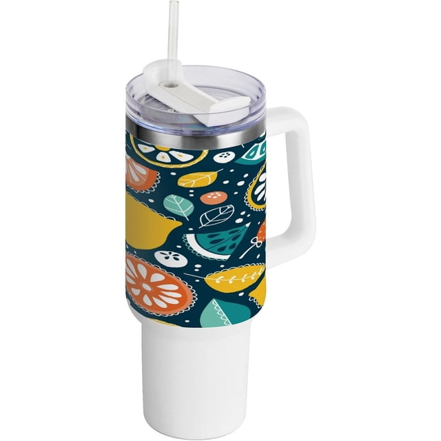 Gobelet Citron 40 oz avec Poignée, Gobelet en Acier Inoxydable à Double Paroi avec Paille, Tasse de Voyage Isolée250