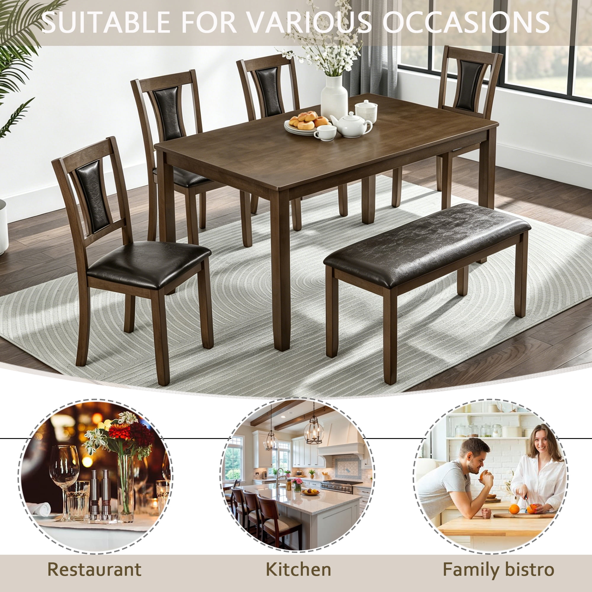 BSHTI 58.5" Walnut Wood Modern 6-Piece Dining Table Set with Fabric Upholstered Chairs, Bench, Comfortable Seating for Dining Room(Walnut)