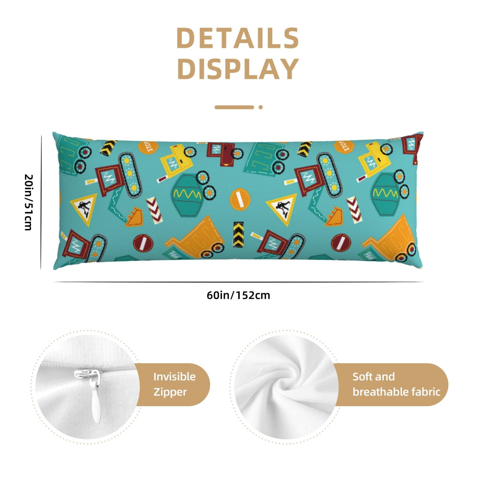 Naloa Trucks And Excavators Super Soft 20x60 Body Pillow Case,Long Side Hidden Zipper（PILLOWS ARE NOT INCLUDED）