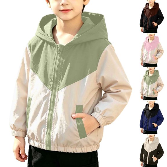 Fancifize Fall Hooded Jacket for Boys, Zip Up Lightweight Coat with Pockets, Casual Loose Color Block Outerwear 1-9 Years