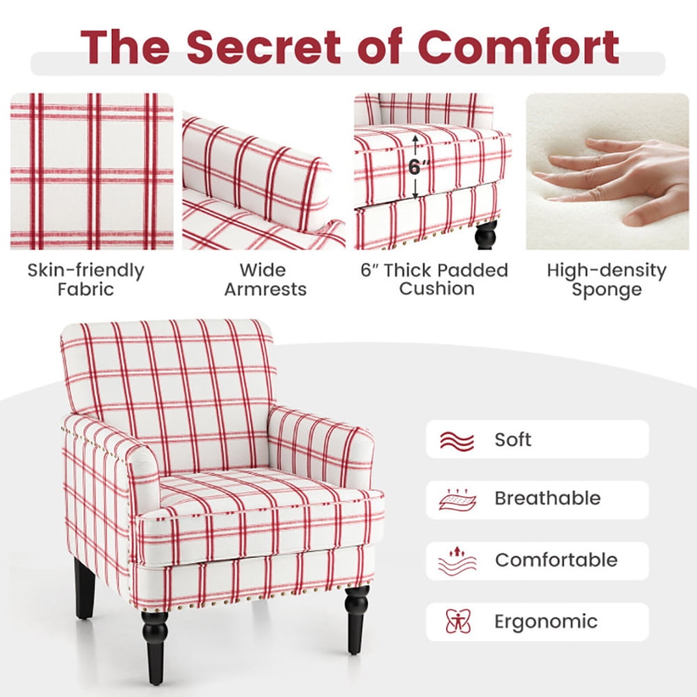 Finihen Upholstered Accent Armchair, Modern Upholstered Padded Accent Chair with Rubber Wood Legs, for Living Room, Bedroom, Red