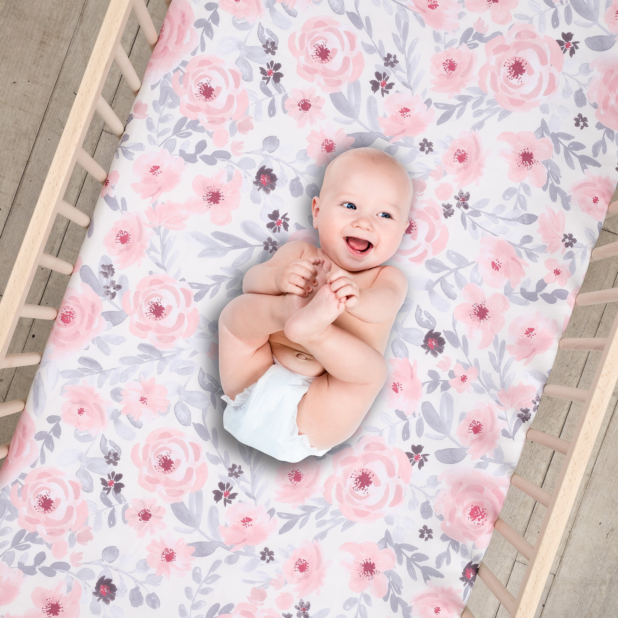 Bedtime Originals Floral Pink/Gray 2-Pack Fitted Crib/Toddler Sheet Set- Flower