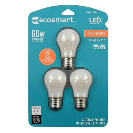 

EcoSmart 60-Watt Equivalent A15 Appliance Dimmable Frosted Glass Filament Vintage Edison LED Light Bulb Soft White (3-Pack)