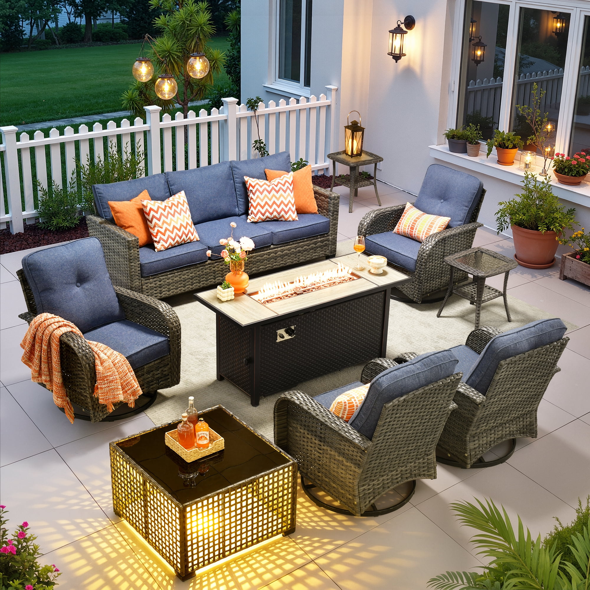 Ovios 9 Pieces Patio Furniture Set with Fire Pit Table Outdoor Conversation All-Weather Rattan Sectional Sofa with Swivel Chairs & Solar Light Table